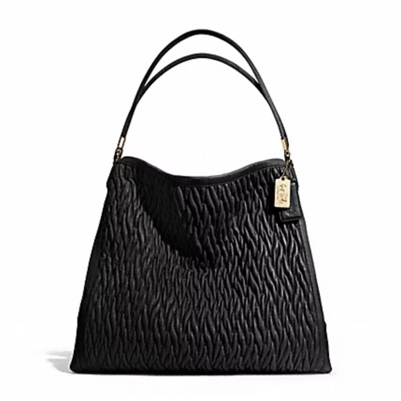 Coach Handbags - COACH Phoebe Madison Gathered Black Leather Shoulder Bag Purple Satin Interior